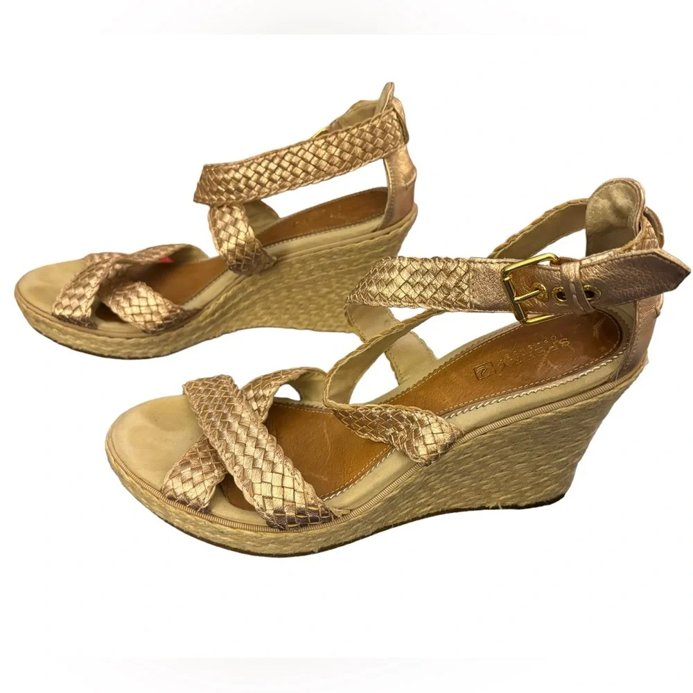 Sperry Women’s Gold Top-Sider Wedge Leather Gold Ankle Strap Espadrille Size 8.5